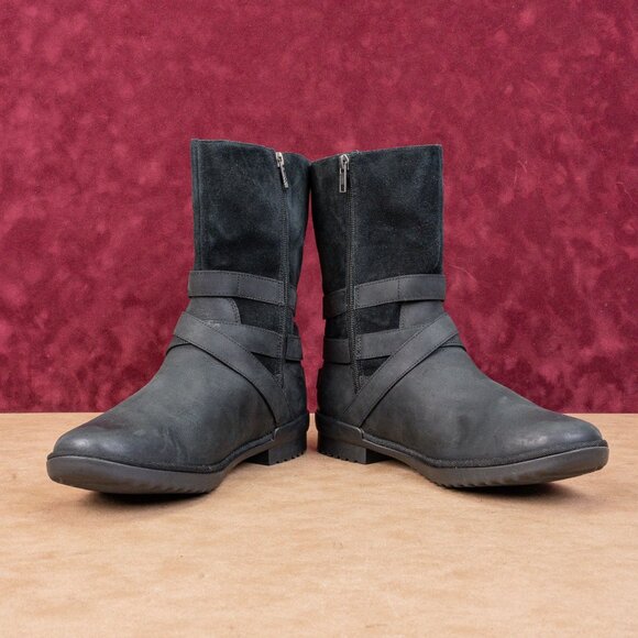UGG Women Lorna Black Leather Waterproof Shearling Top Mid Calf Boots sz 11 - Picture 2 of 8